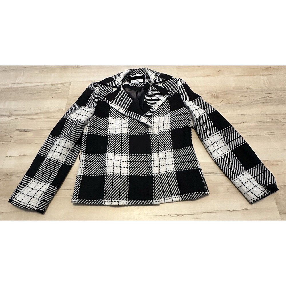 Lena Gabrielle Women 12 Blazer Jacket Wool‎ Blend Plaid Black White Lined